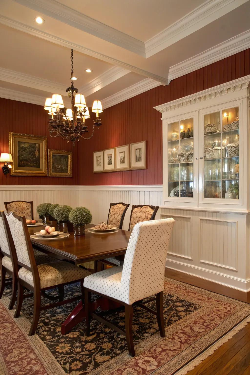 A fashionable dining area with striking planking walls.