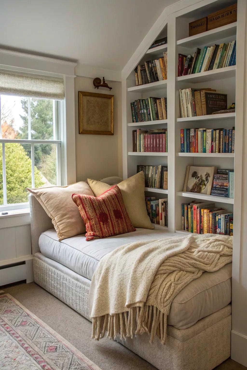 A plush reading seating in a sleeping quarters, great for book lovers.