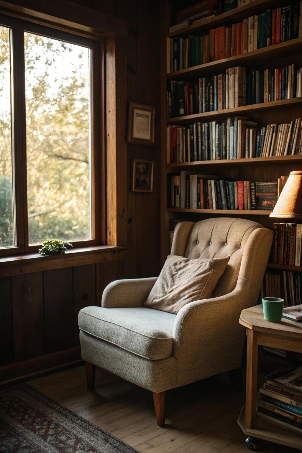 Improve a reading nook with strategically placed shelves.
