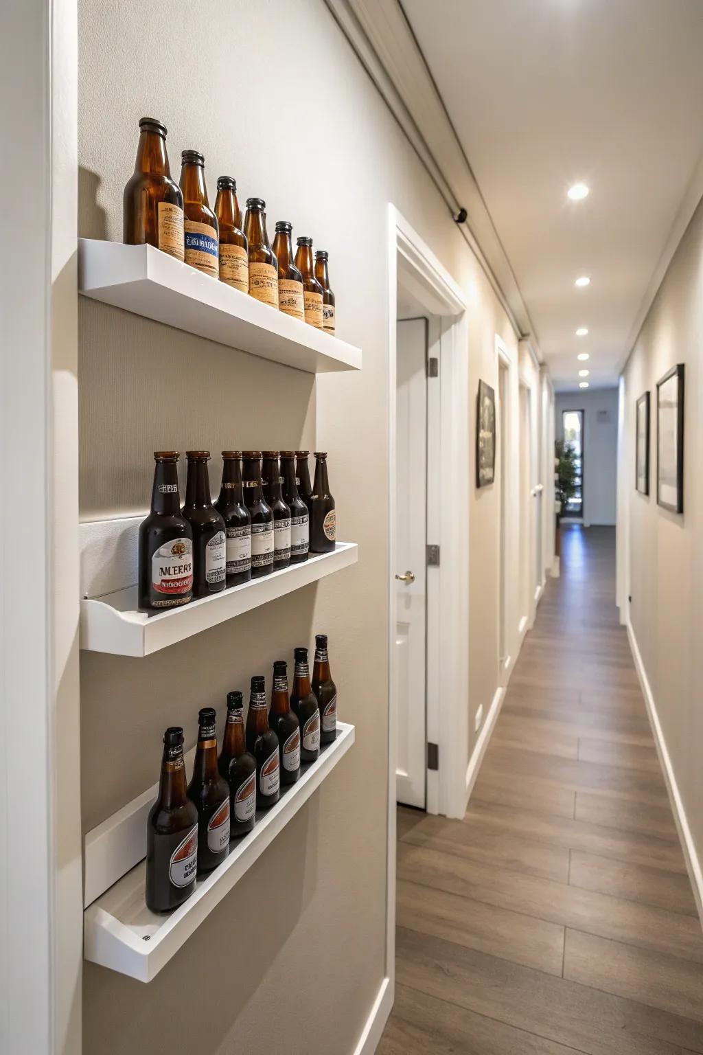 Simple flying shelves with brew bottles in a hallway setting.