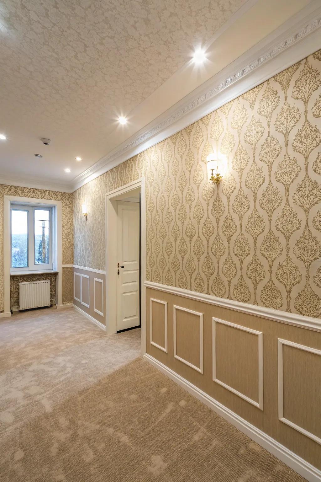 Patterned wall coverings in beige tones enhance the room's sophisticated appeal.