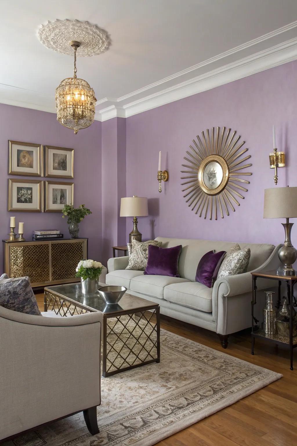 Walls painted lavender create an atmosphere of relaxation and luxury.