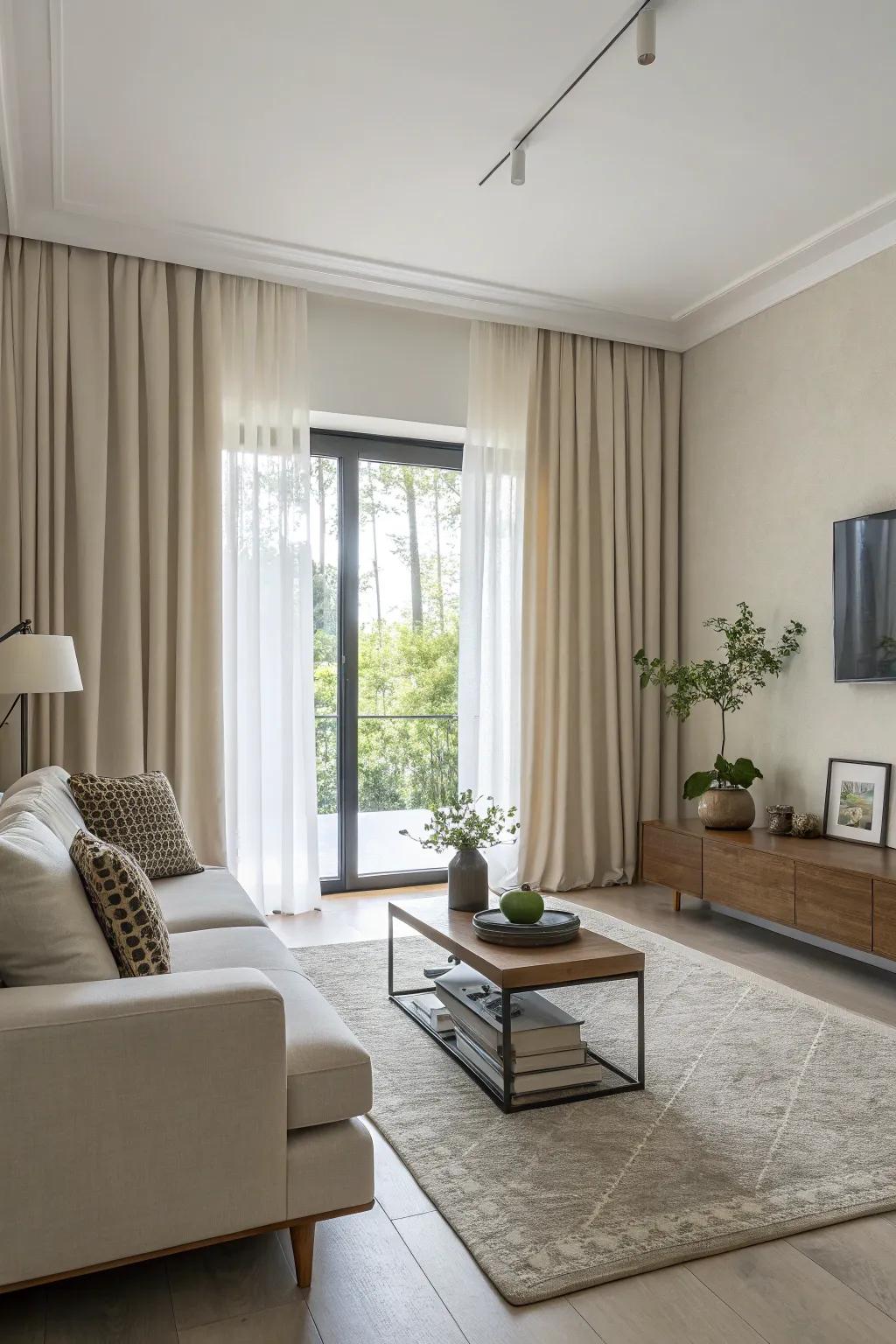 Minimalist curtains enhance a modern and clean aesthetic.