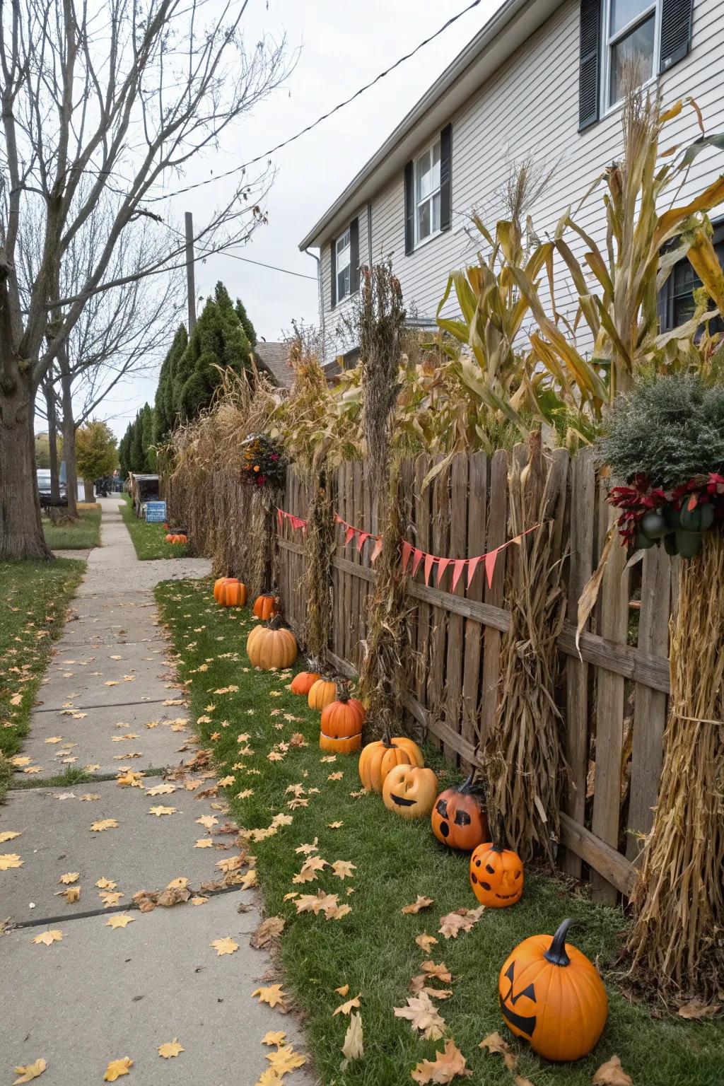Maize stalks add a rustic accent to Halloween yard decor.