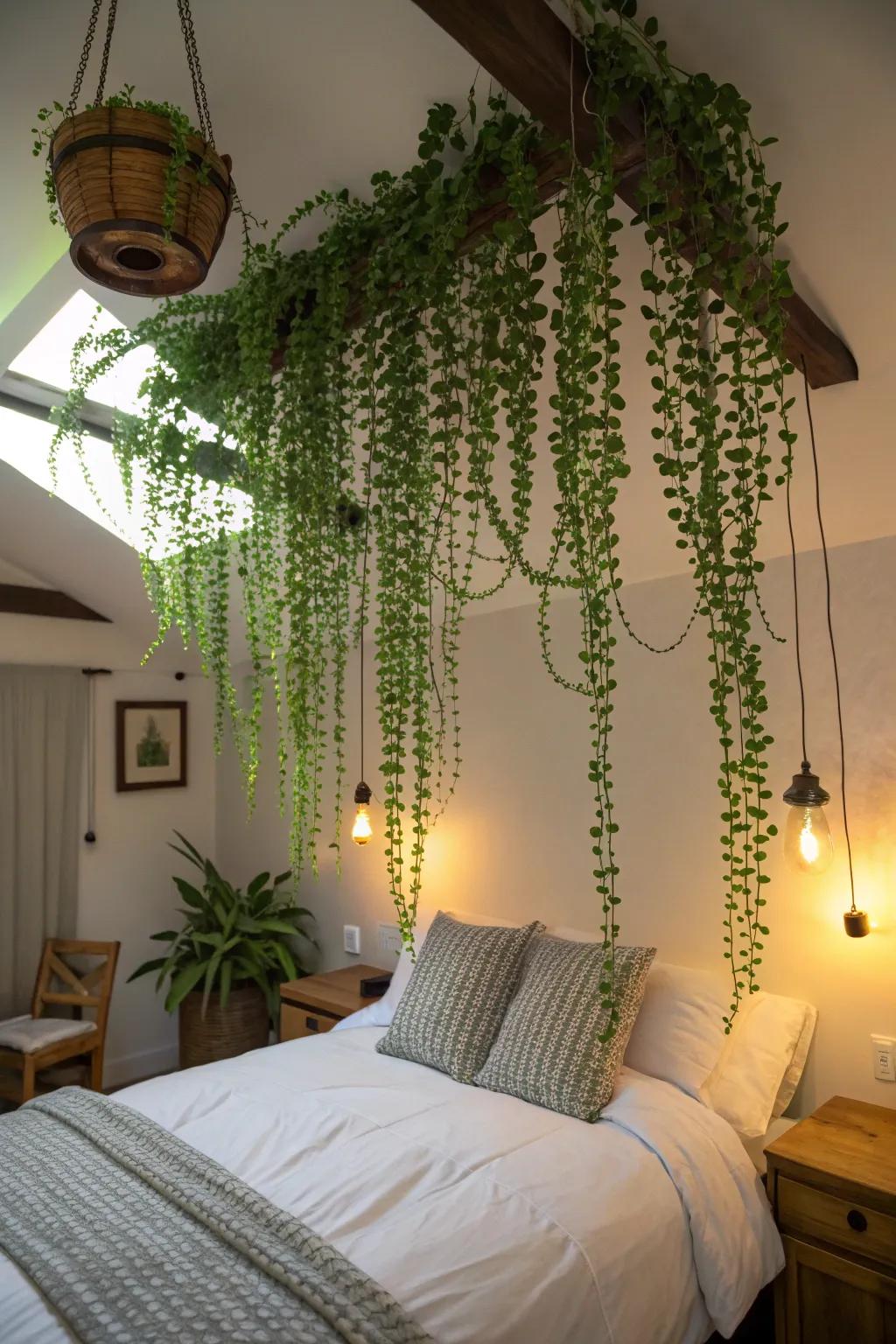 Add romance with plant canopies in the bedroom.