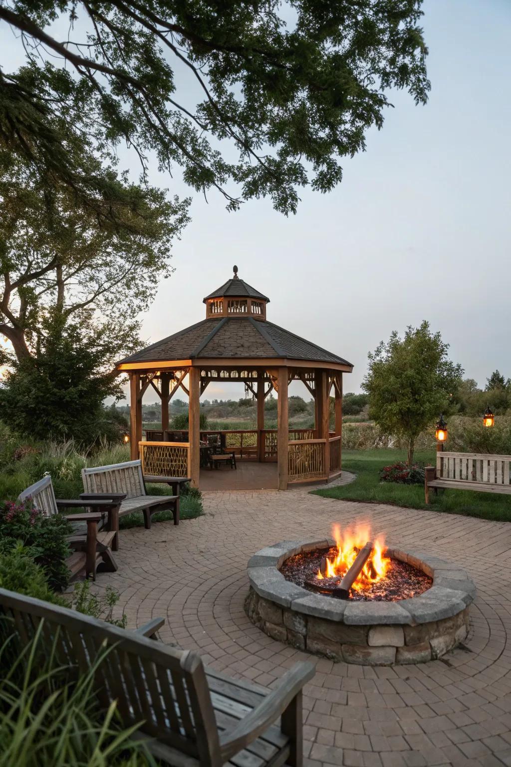 A fire pit furnishes warmth and serves as a mesmerizing centerpiece.