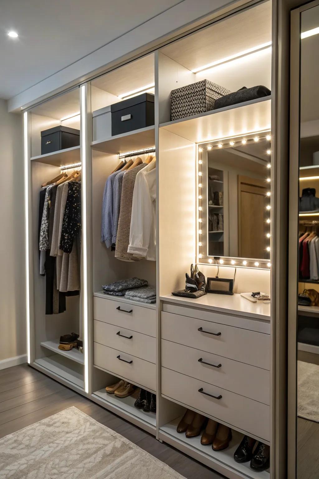 A closet featuring integrated lighting that highlights the shelves and mirror area.