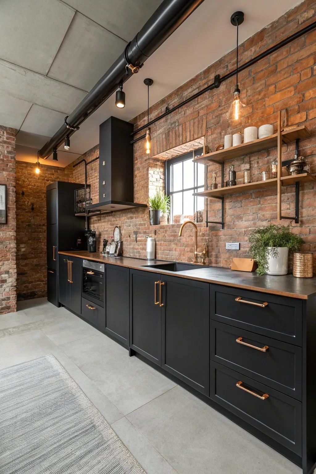 Industrial features add a bold, urban vibe to a dark and copper kitchen.