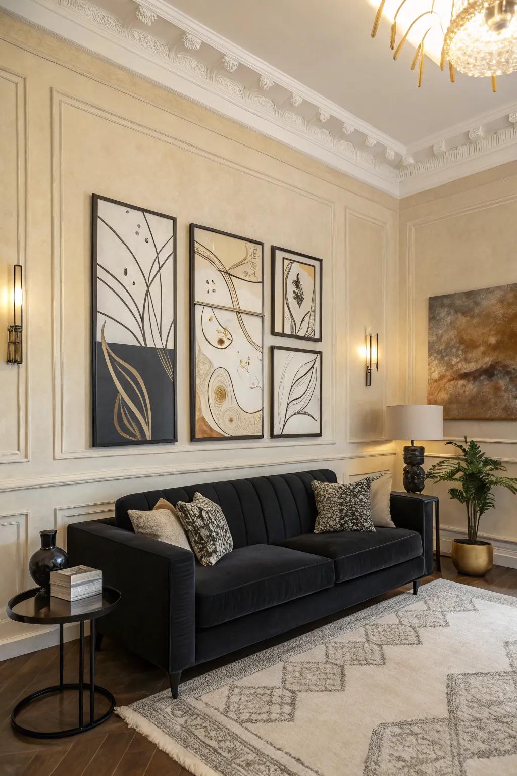 Abstract wall canvas incorporates a personal element to a sophisticated black and cream decor.
