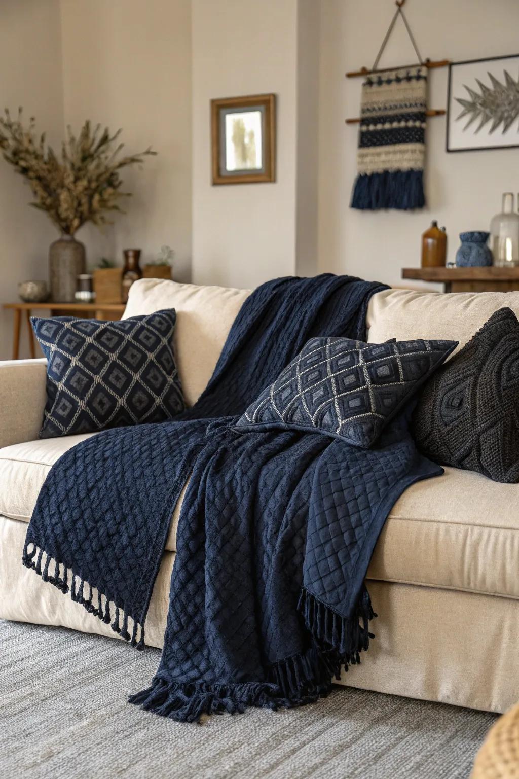 Textured fabrics and cushions foster a cozy atmosphere.