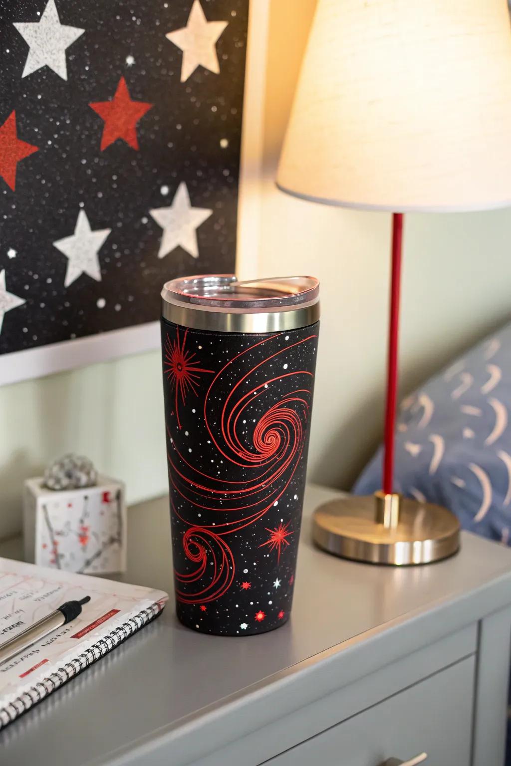 An enigmatic galaxy-themed tumbler that encapsulates the allure of space.