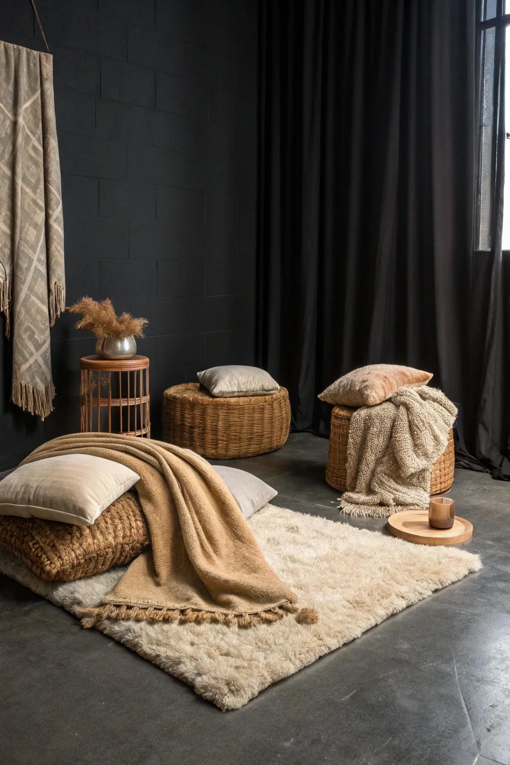 Snug aspects like soft floor coverings and throws soften a dark area.