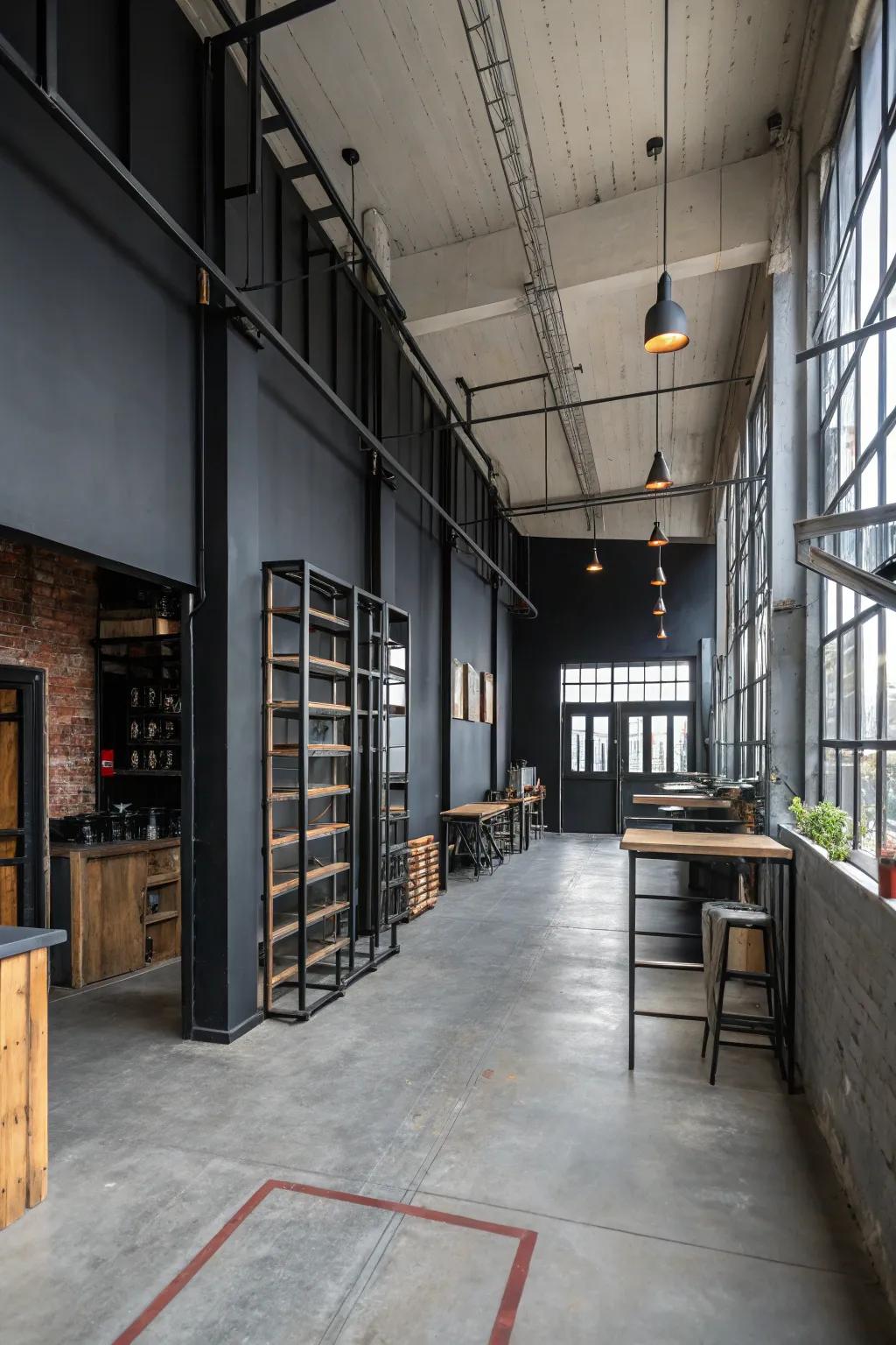 An factory-style room with a black wall.