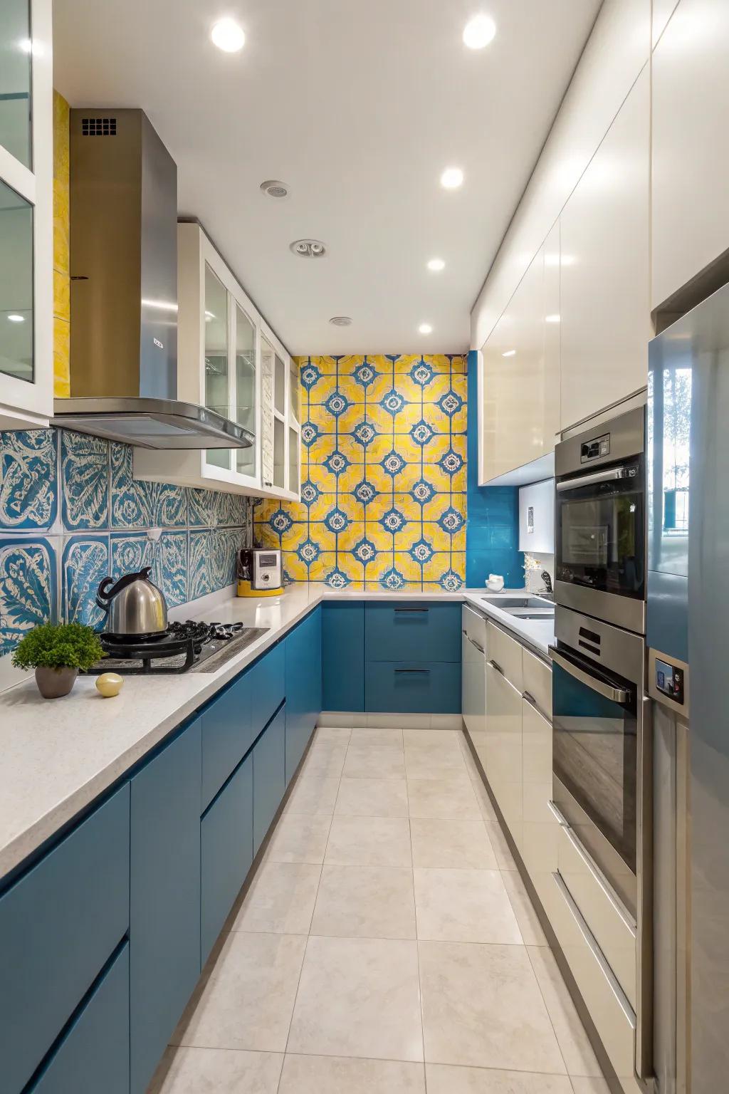 A kitchen showcasing an azure and gold backsplash for an elegant design.