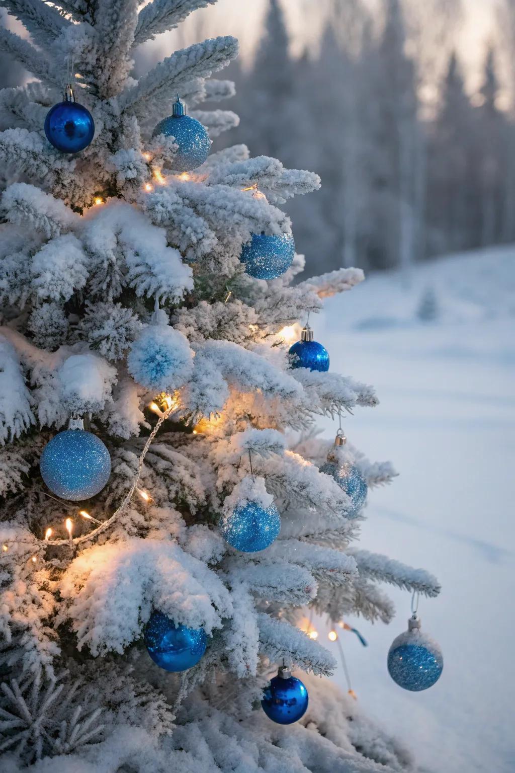 An enchanting frosted blue Christmas tree.