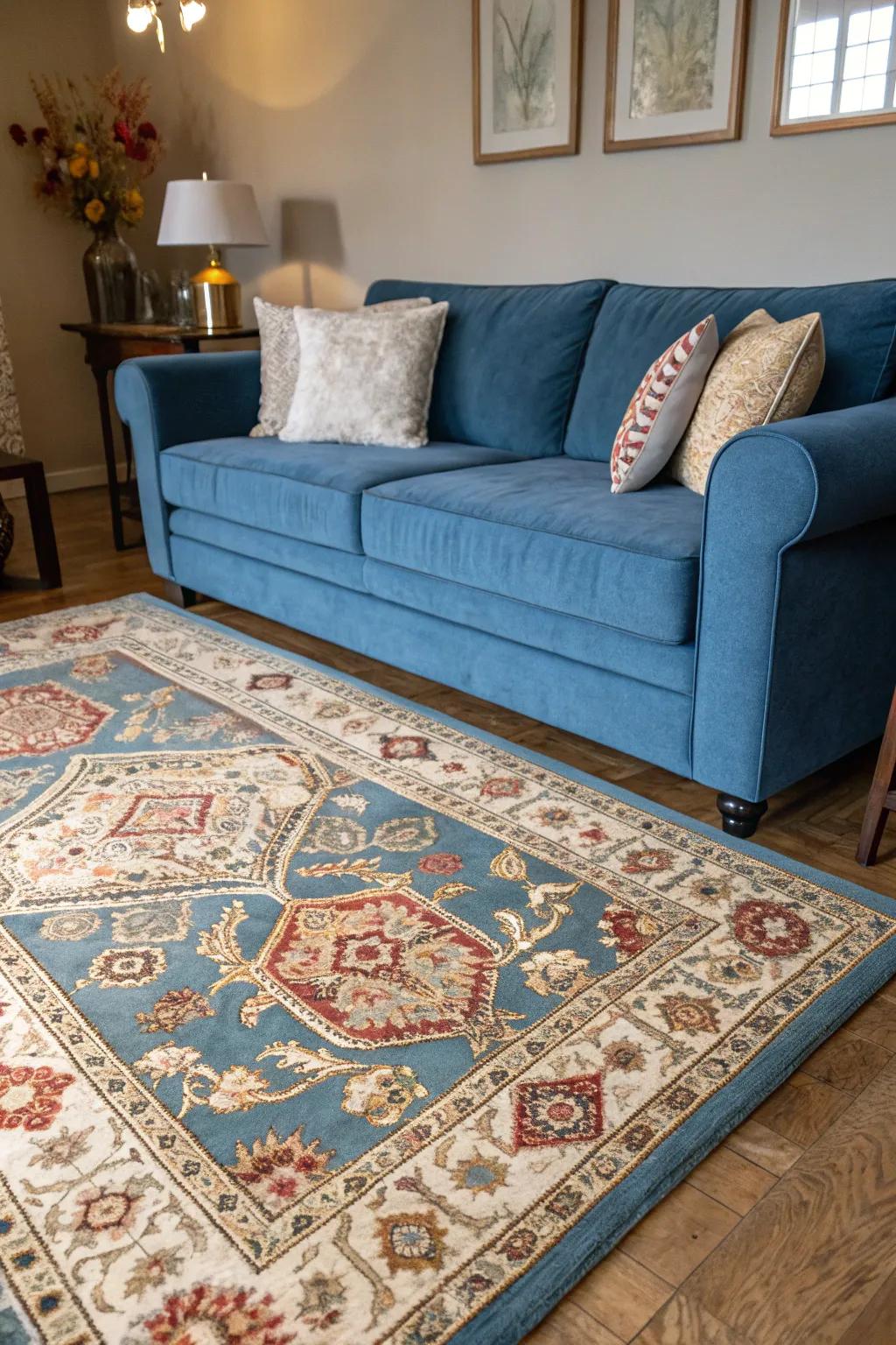 An antique rug introduces enduring allure to the family room.