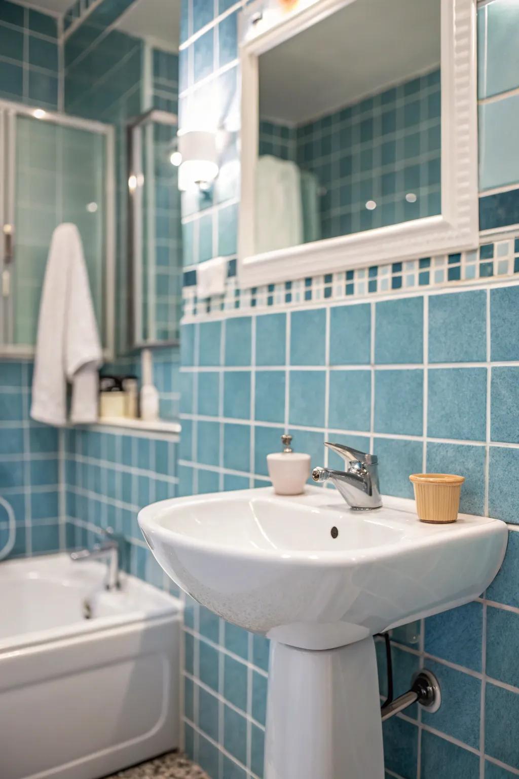 Azure and white fashion a timeless and revitalizing bathroom palette.