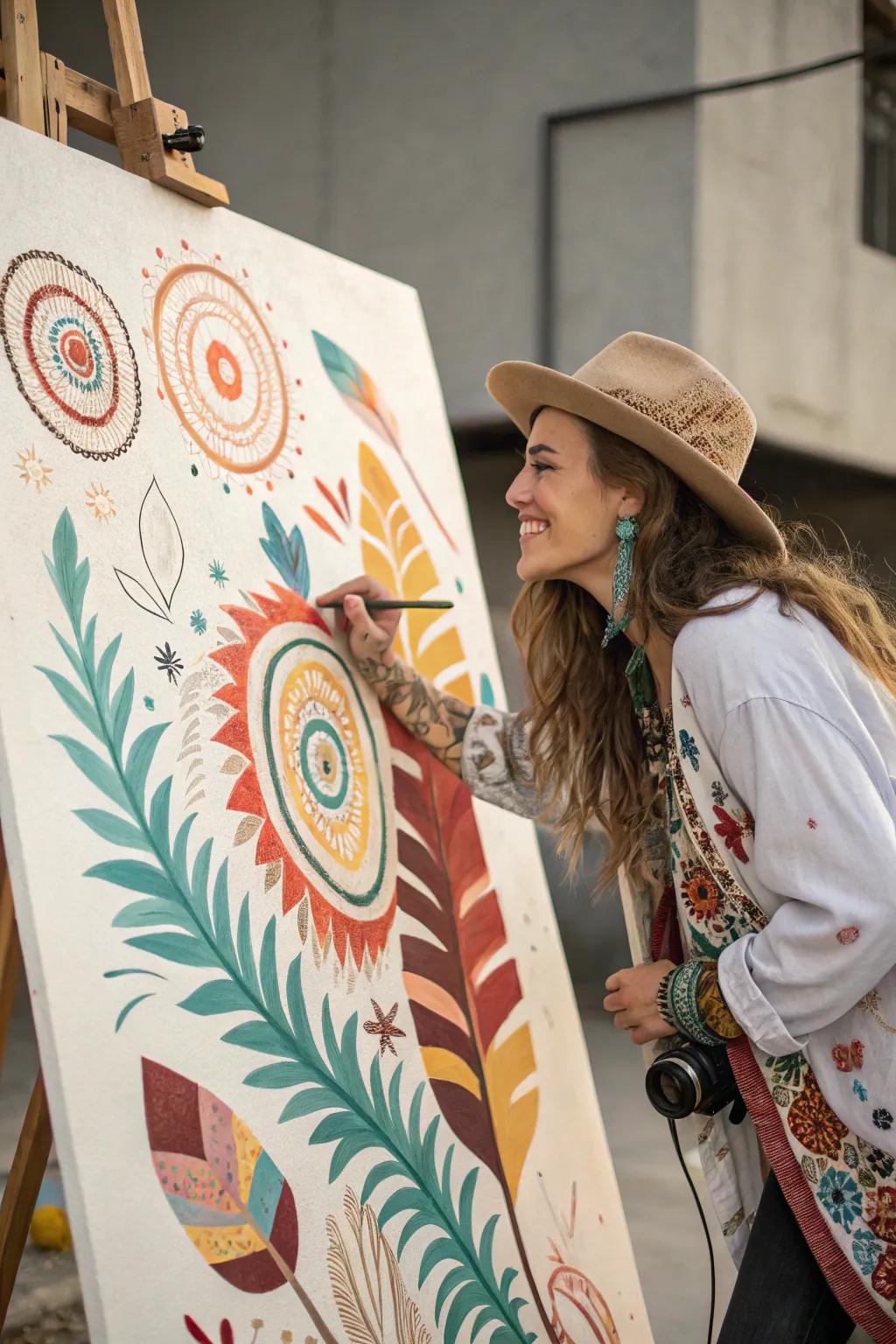 A boho painting that invites you to embark on an artistic journey of discovery.