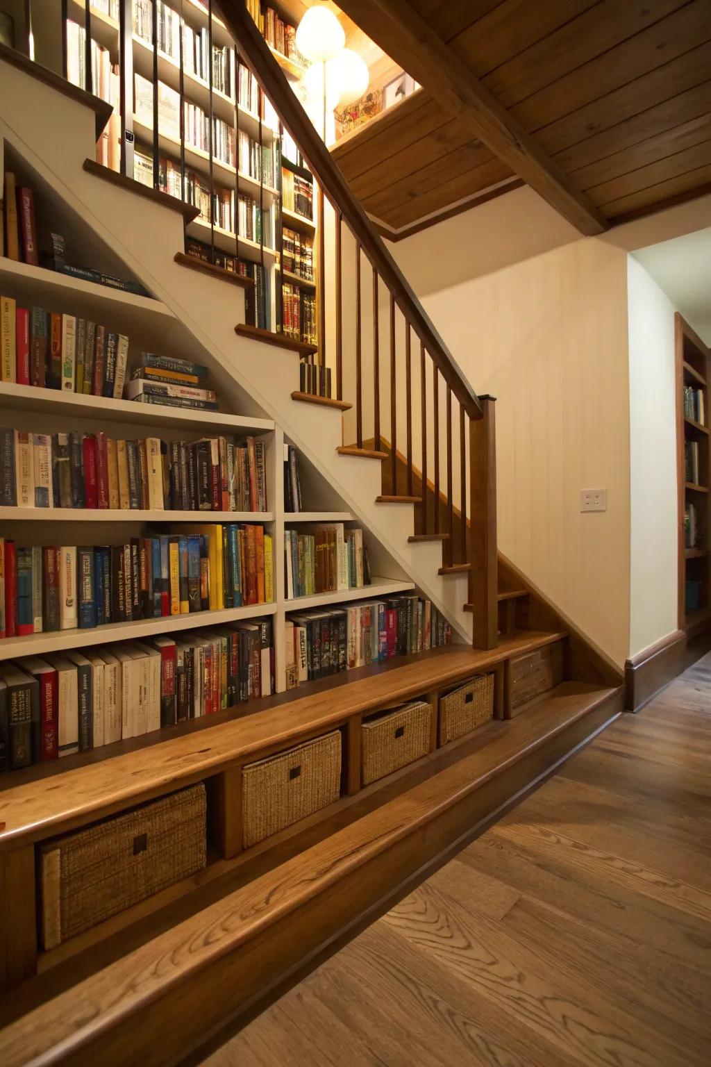 Bookcases incorporated under a stairway.