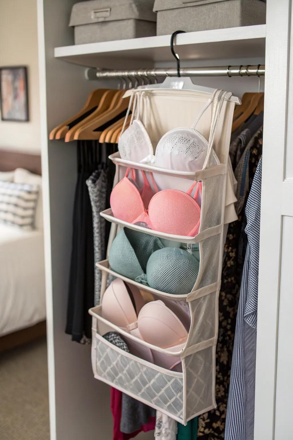 Get inventive with a tiered file organizer for bra storage.