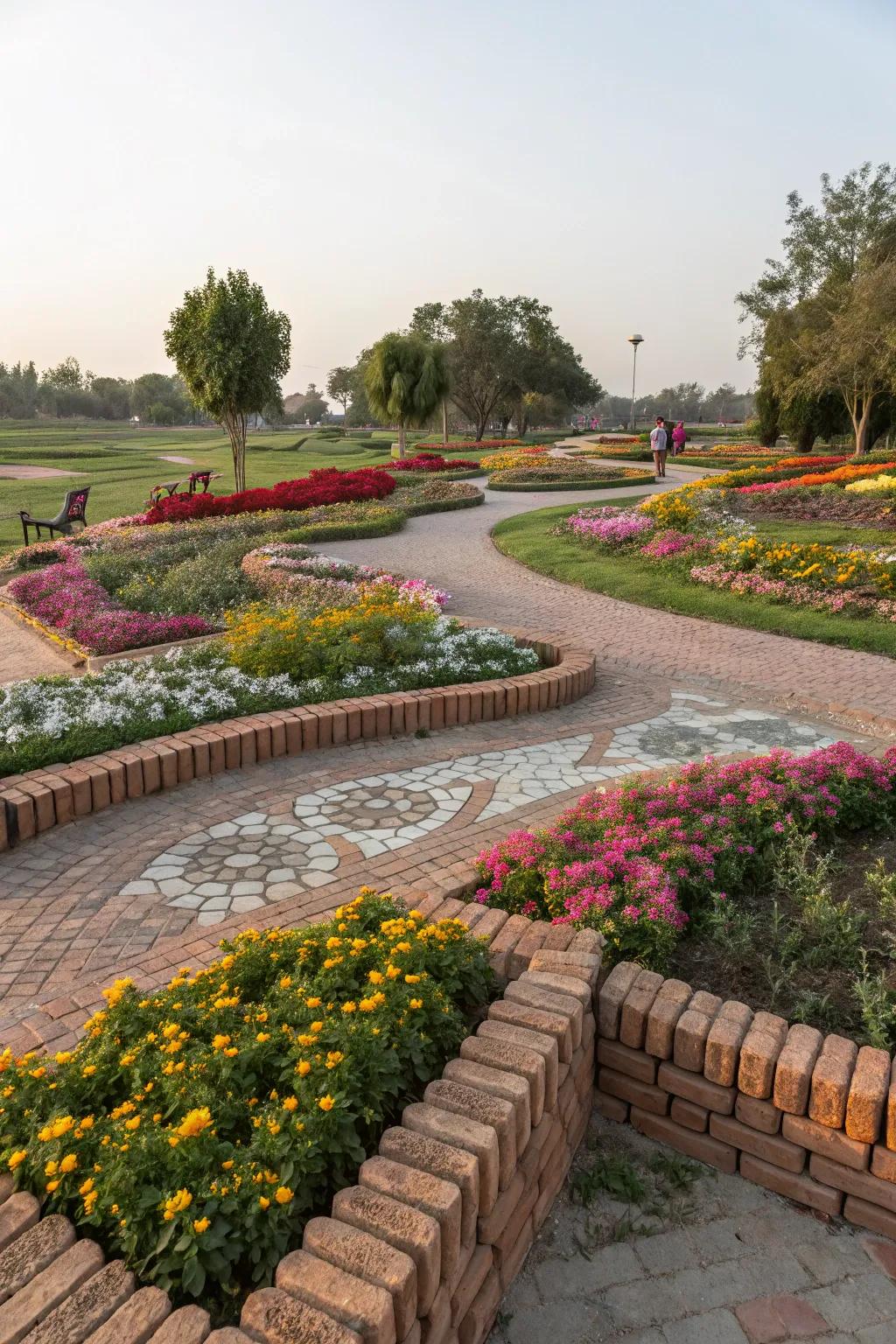 Different brick types add unique character to flower beds.
