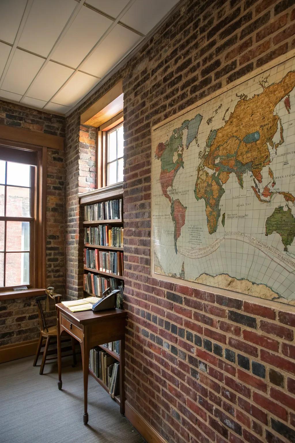 Antique map mural transmutes a brick wall into a journey.