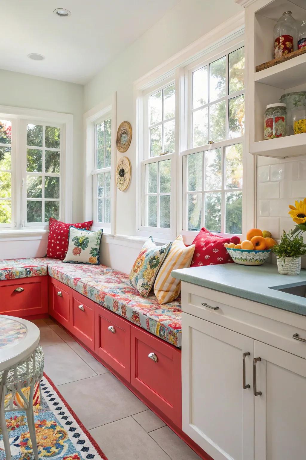 Create a striking impression using colorful bench features.