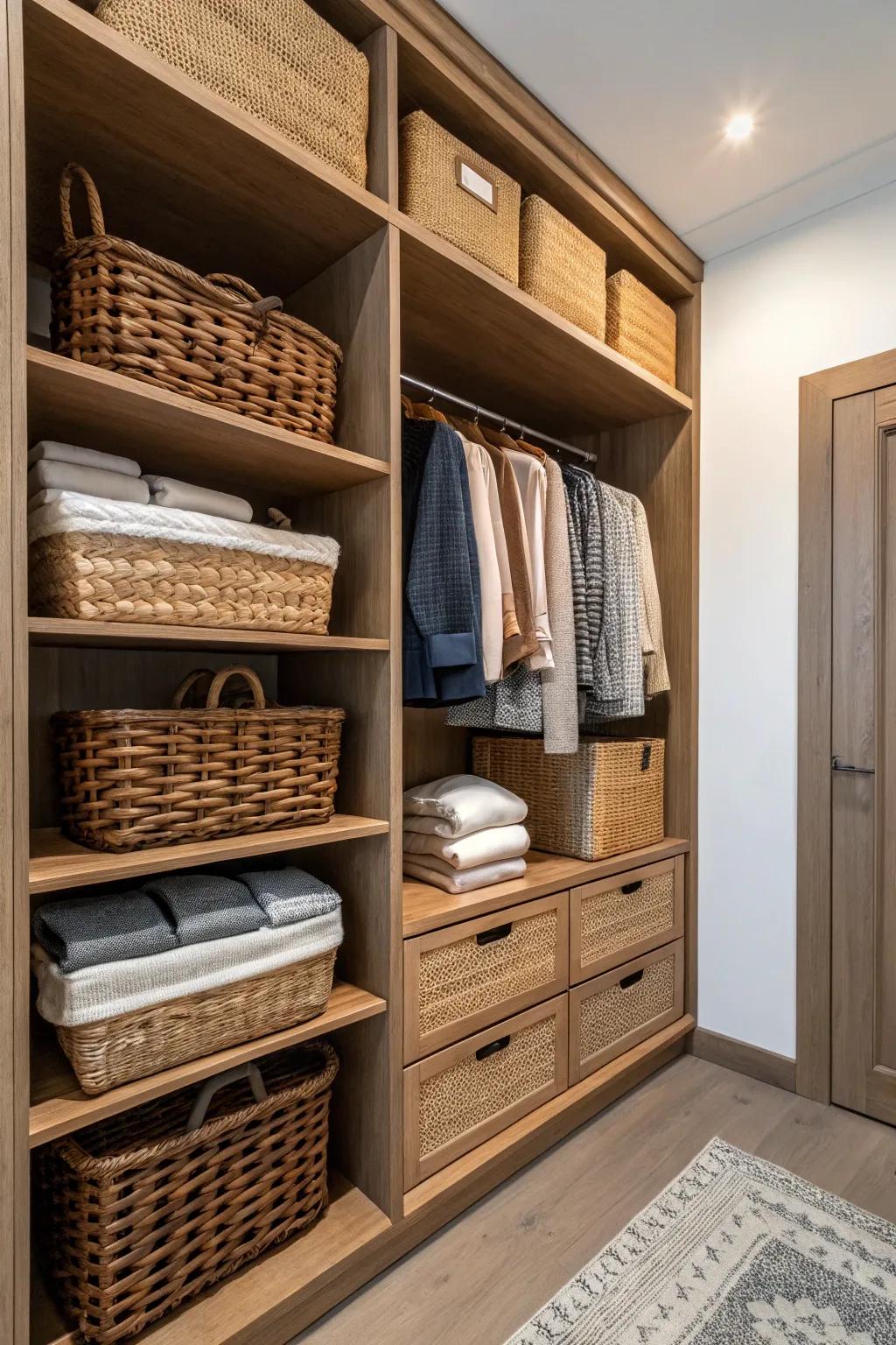 Woven baskets offer both practical and stylish storage.