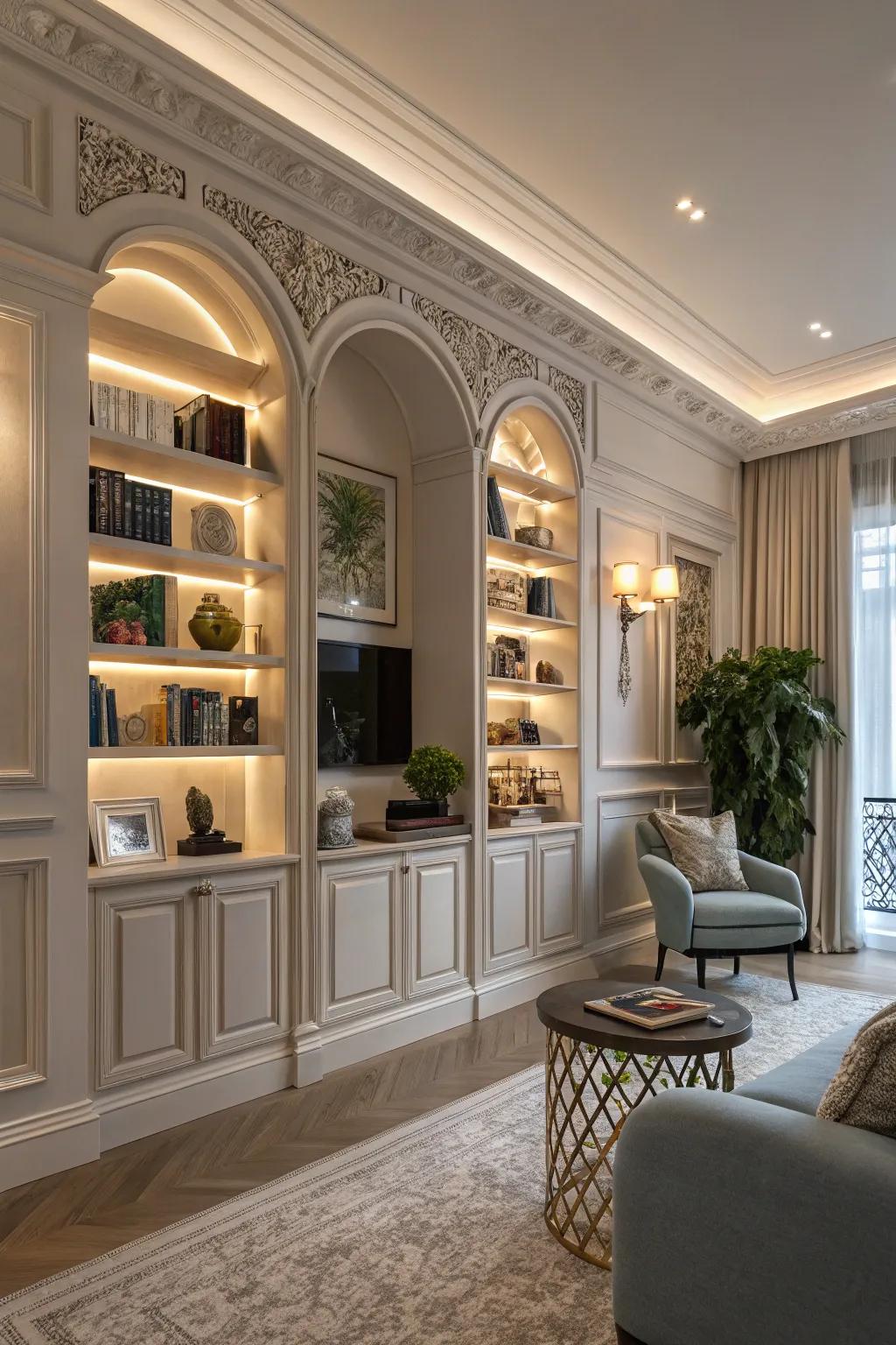 Architectural features enhance the elegance and sophistication of custom shelving.