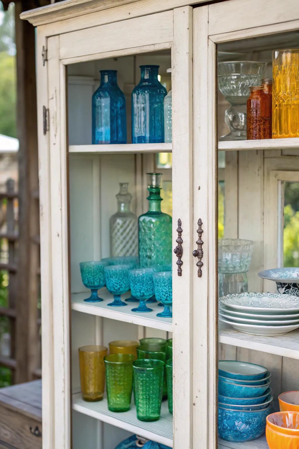Glass-front cabinets elegantly showcase vintage glassware.