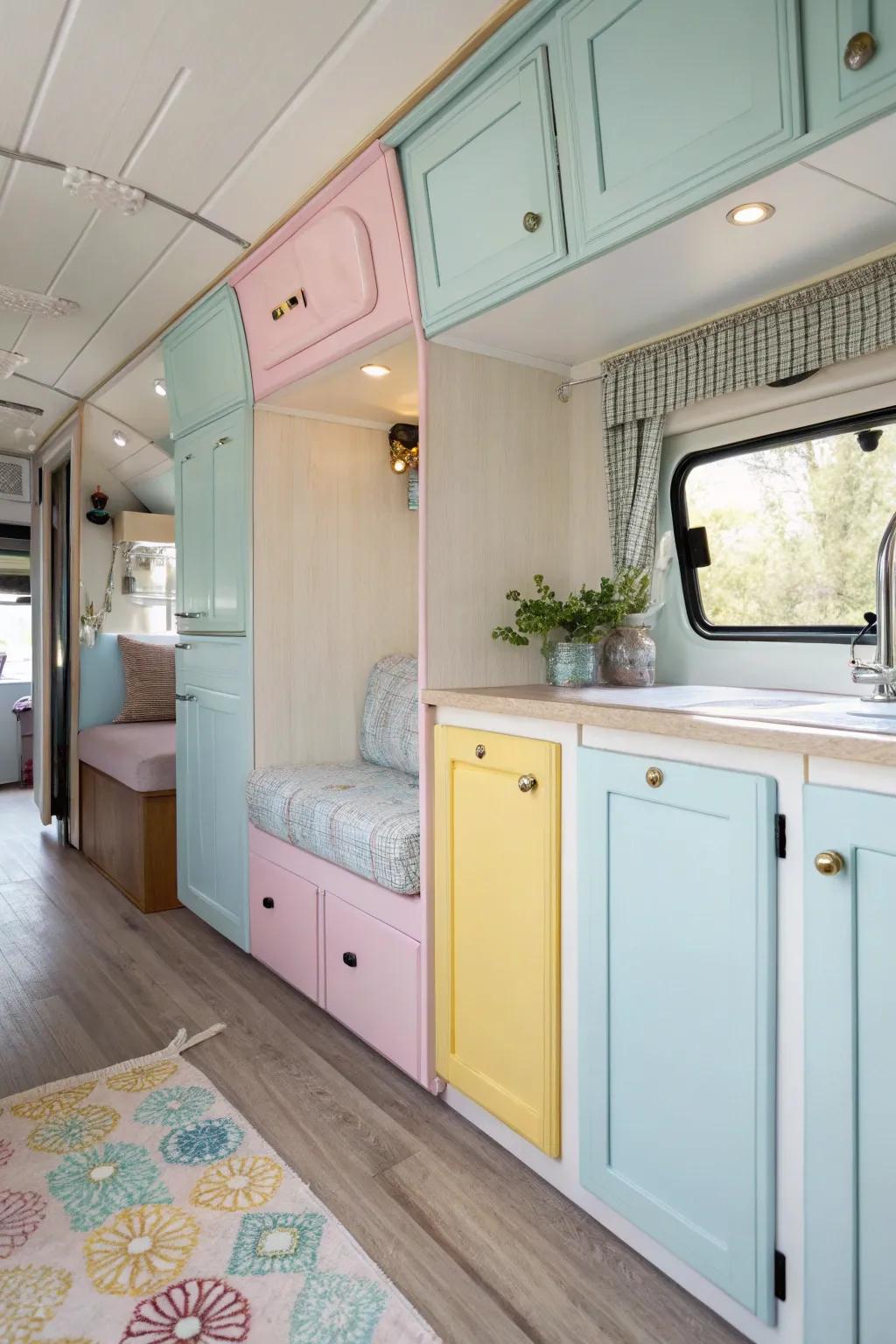 Pastel cabinets add a gentle, inviting touch.