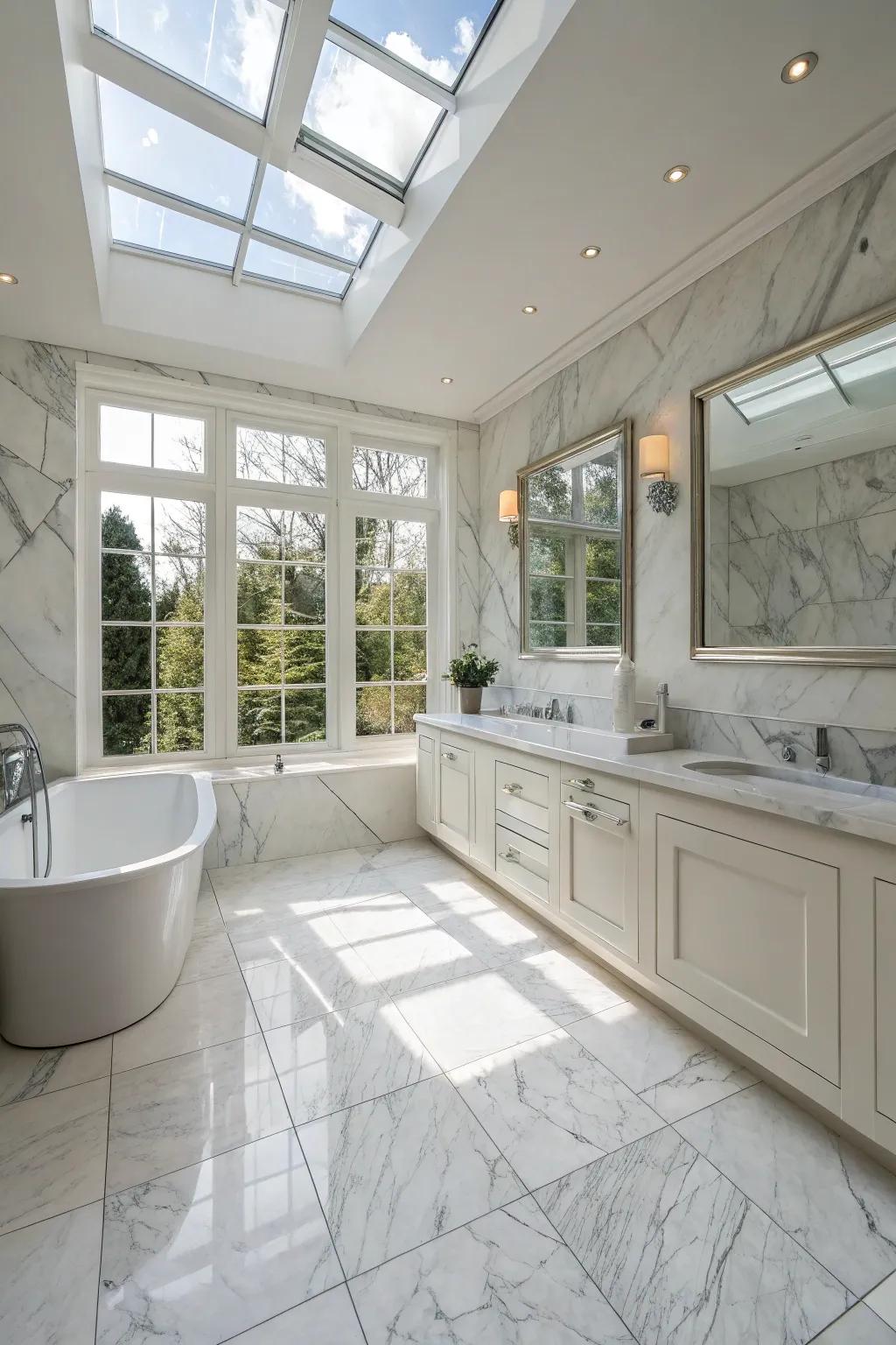 A bright bathroom filled with natural light, showcasing Luminous Argento marble tiles.