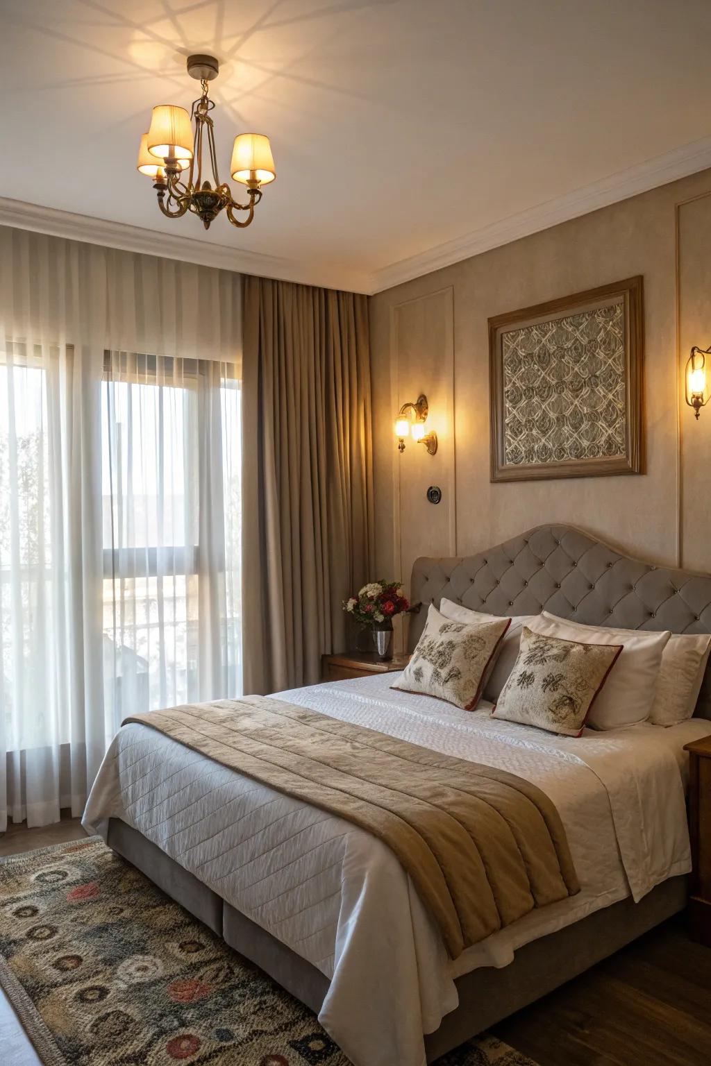This bedroom uses wall sconces paired with natural light filtered through sheer curtains to create a gentle glow.