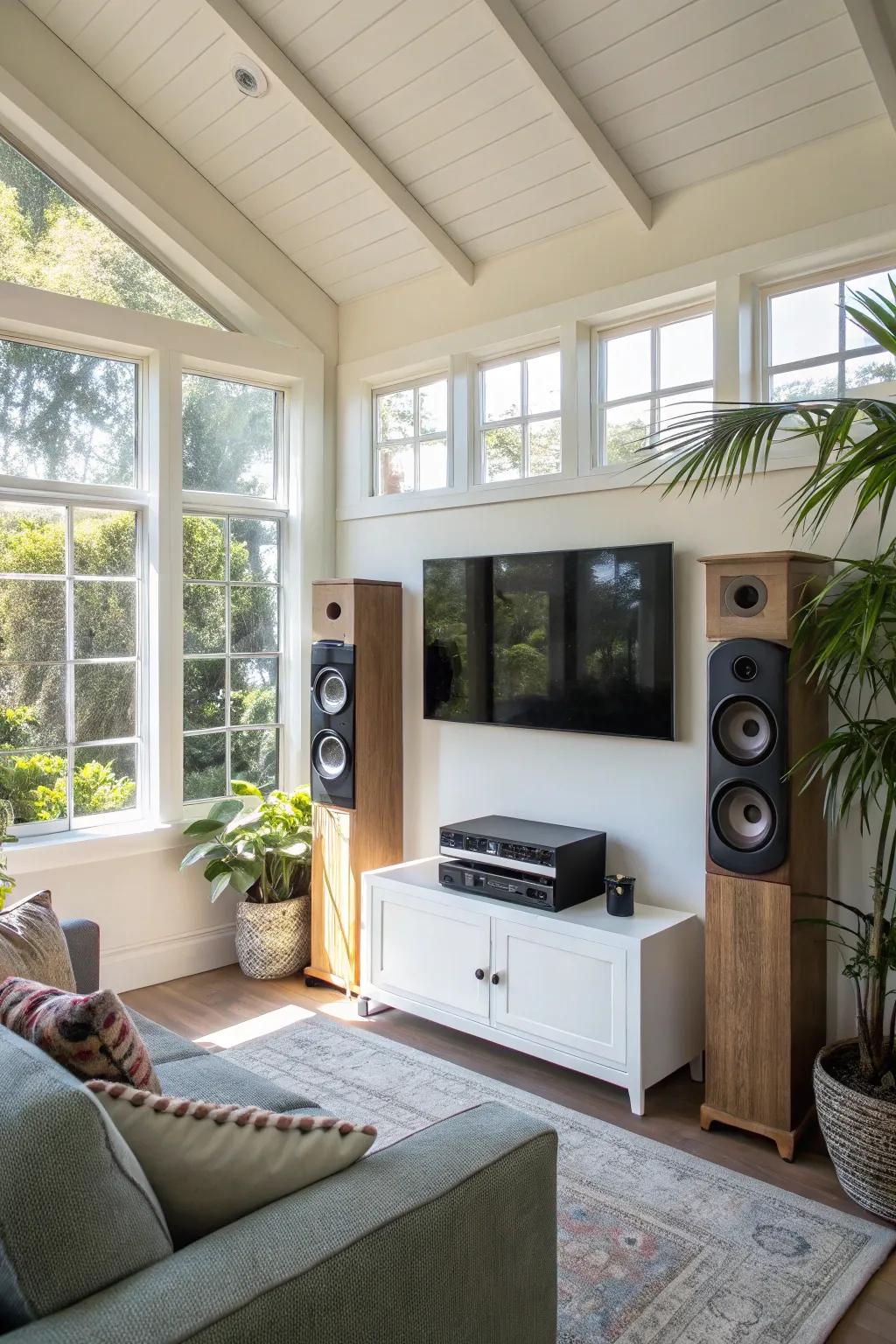 Visual display and sound setup in a California room for entertainment.