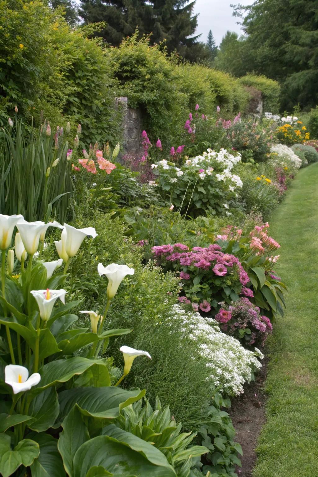 Calla lilies enriching a mixed flower border with their grace.