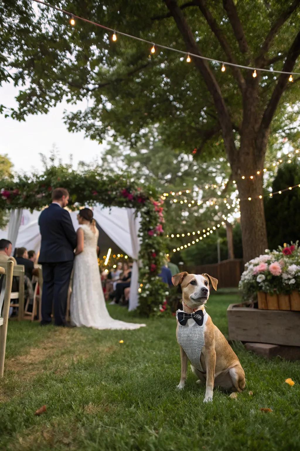 A pet-friendly wedding featuring a canine in a charming bow tie.