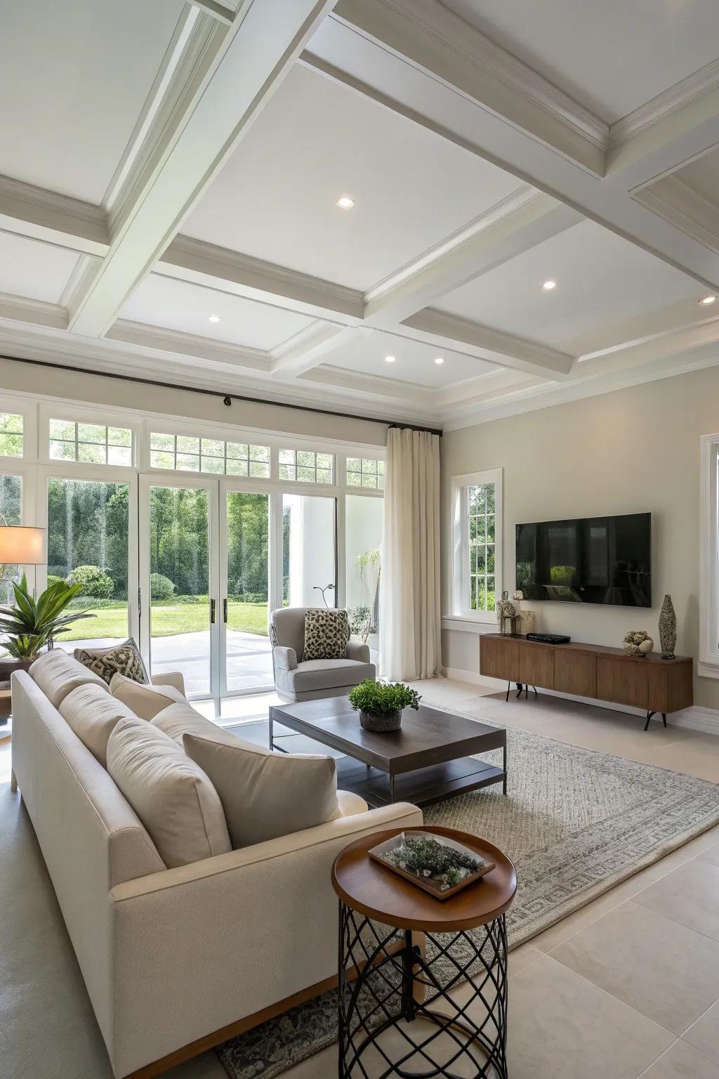 Sleek completions and neutral shades result in a timeless minimalist ceiling.