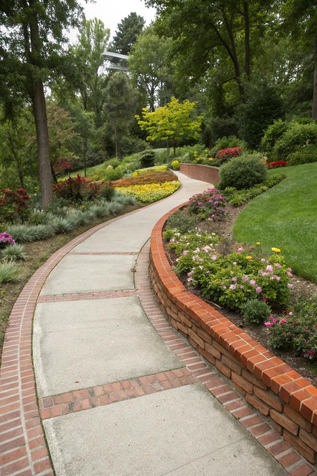 A concrete walkway featuring bold brick borders for a classic touch.