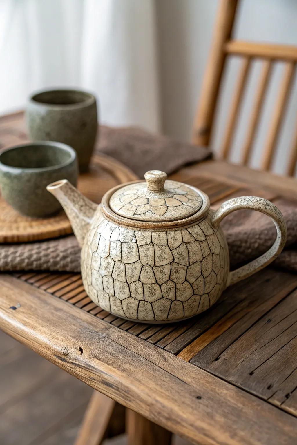 A textured finish adds depth and intrigue to this ceramic teapot.
