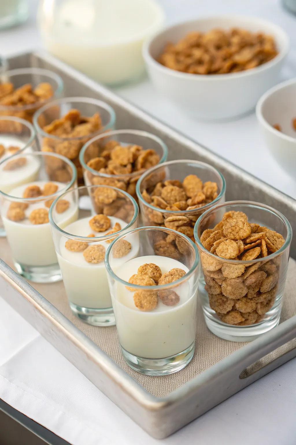 Miniature glasses filled with grains and dairy arranged on a platter.