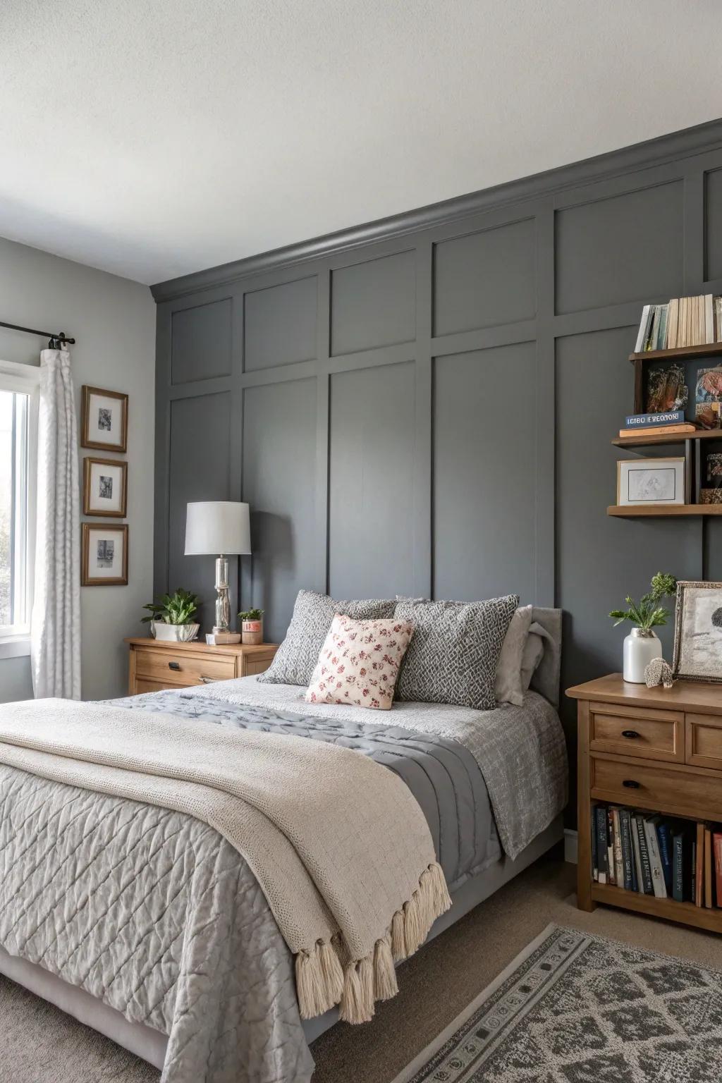 A deep slate distinct wall contributes depth and drama.