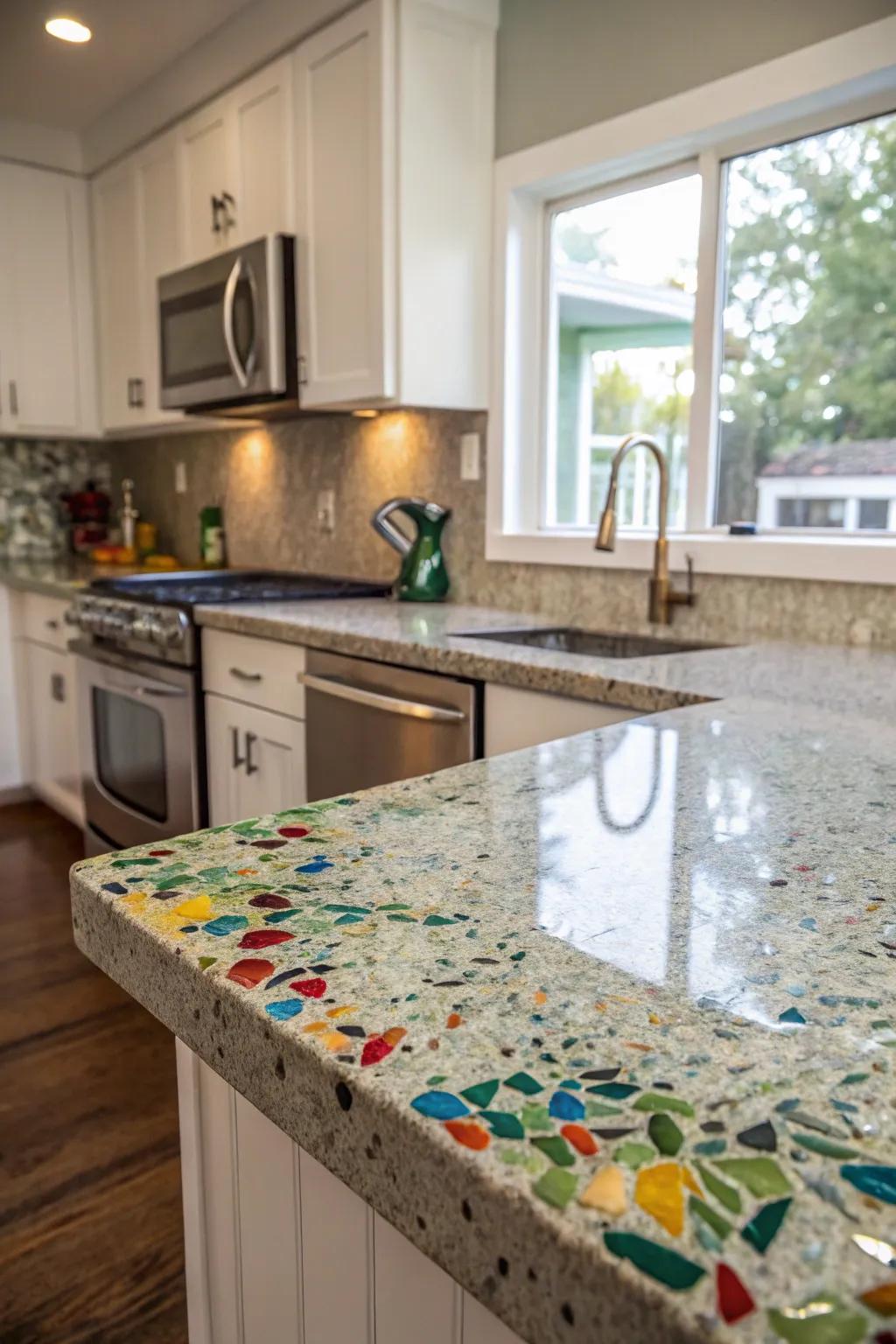 An eco-chic kitchen featuring recycled glass countertops.