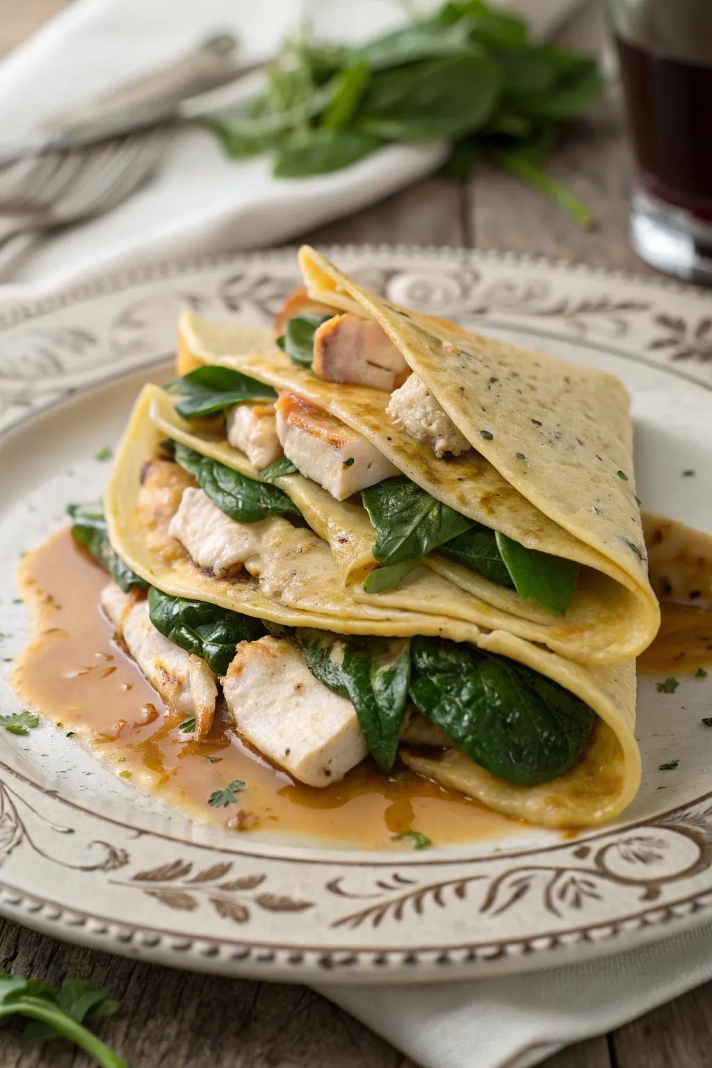 Chicken and spinach silkCrepes, an elegant and delicious choice.