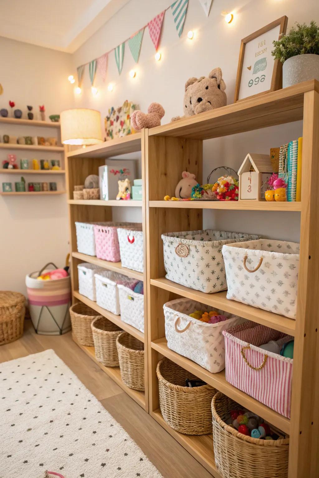 Ornate baskets on shelves keep things accessible and tidy.