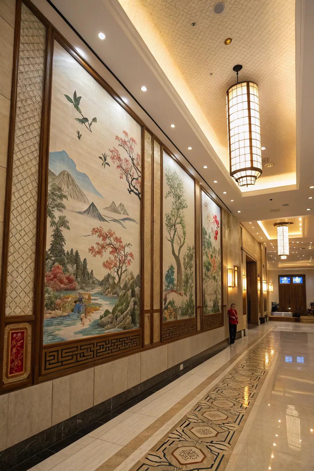 Artistic wall panels displaying classic Asian designs.