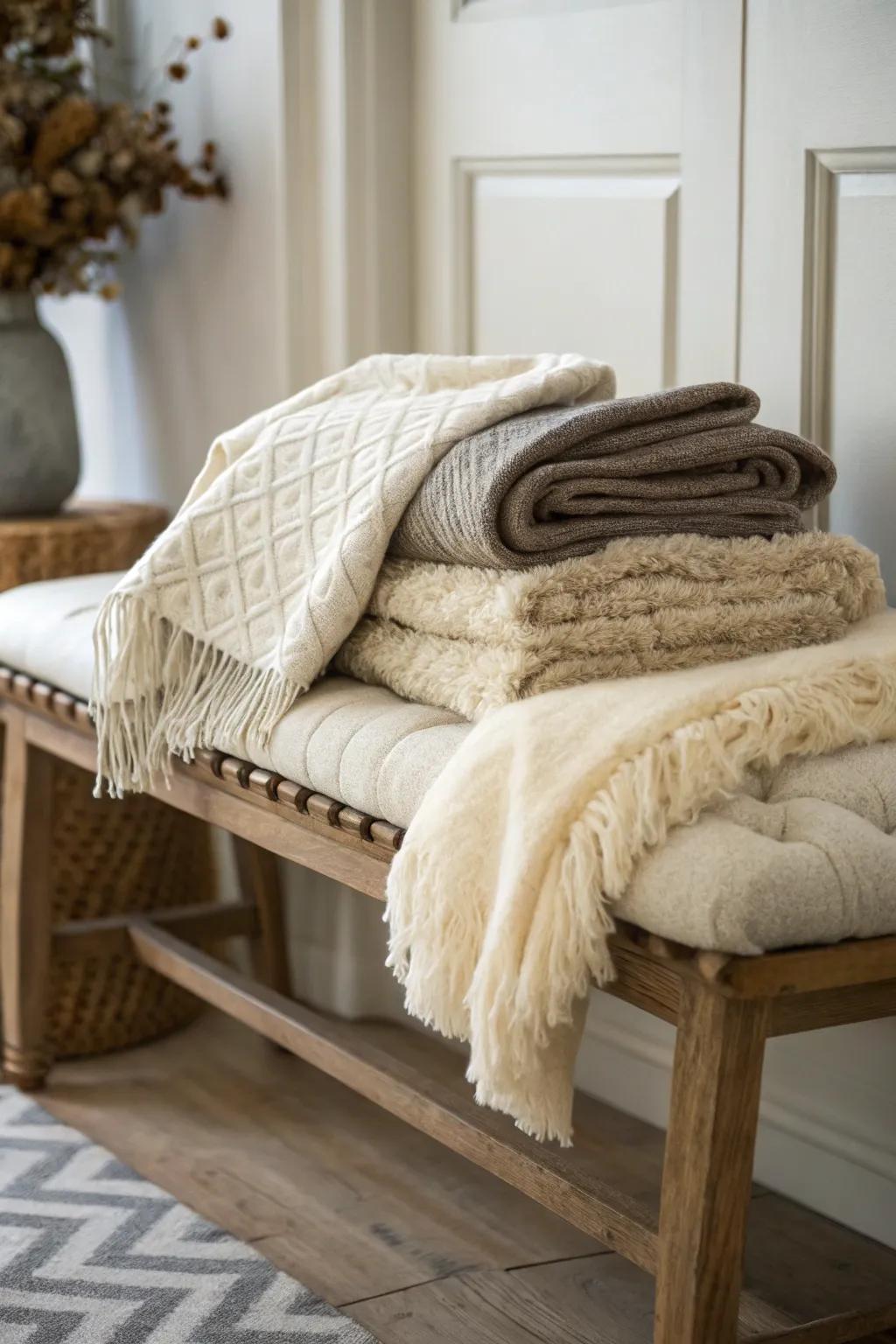 Textured throws enhance warmth and style on your bench.