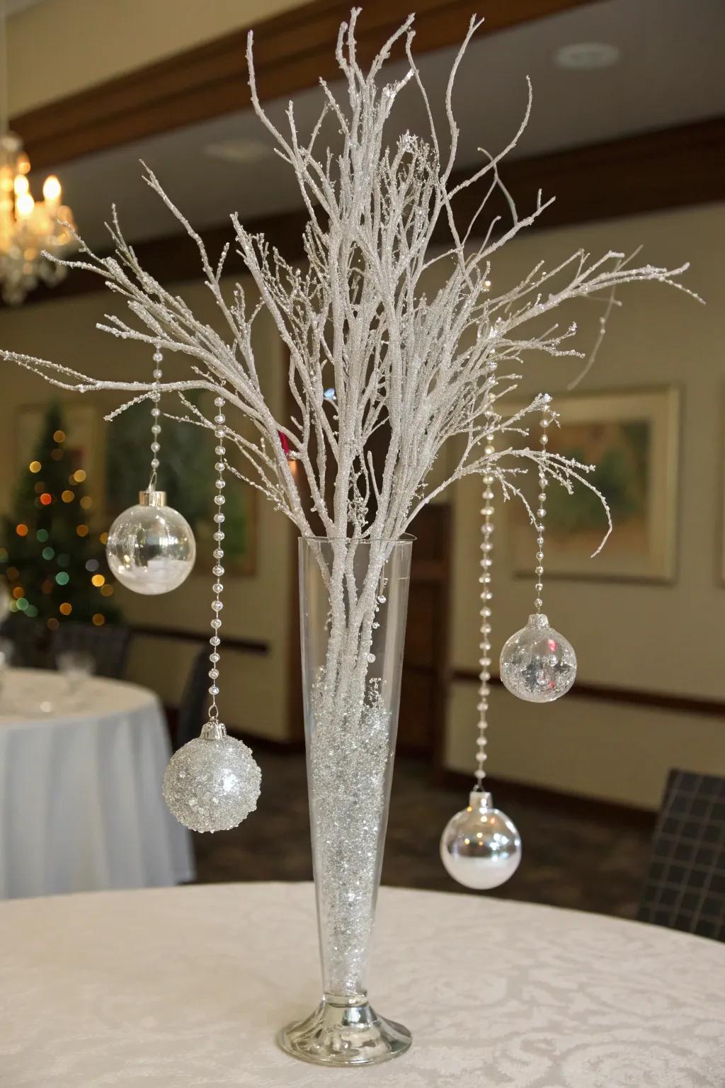 Snow-laden limbs ornamented with quartz sculpt a classic, opulent centerpiece.
