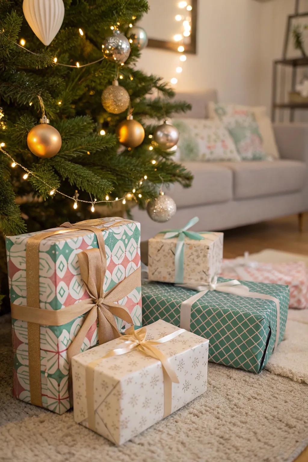 Beautifully wrapped gifts that enhance the holiday feel beneath the tree.
