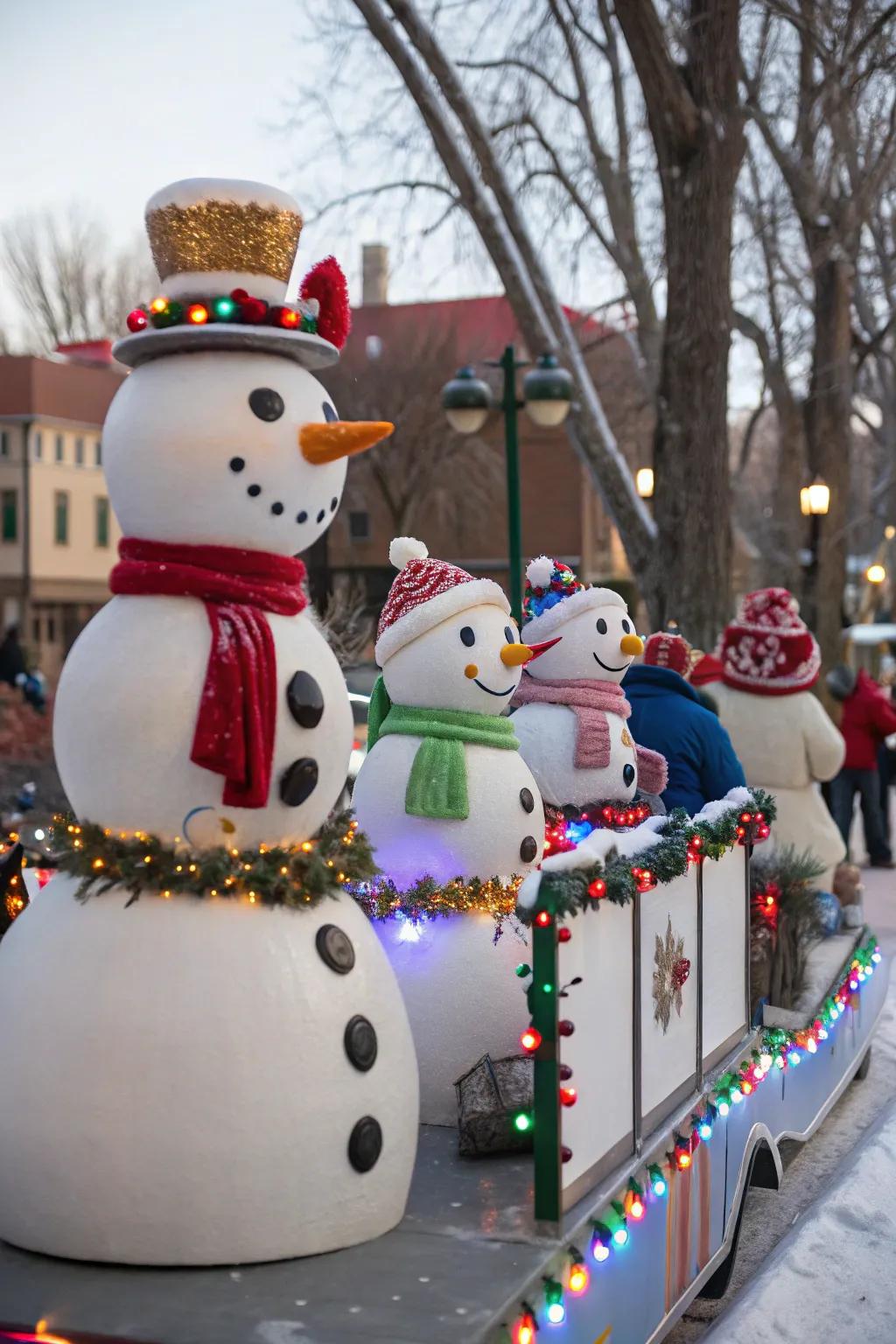 A charming snow person parade creation showcasing delightful characters.