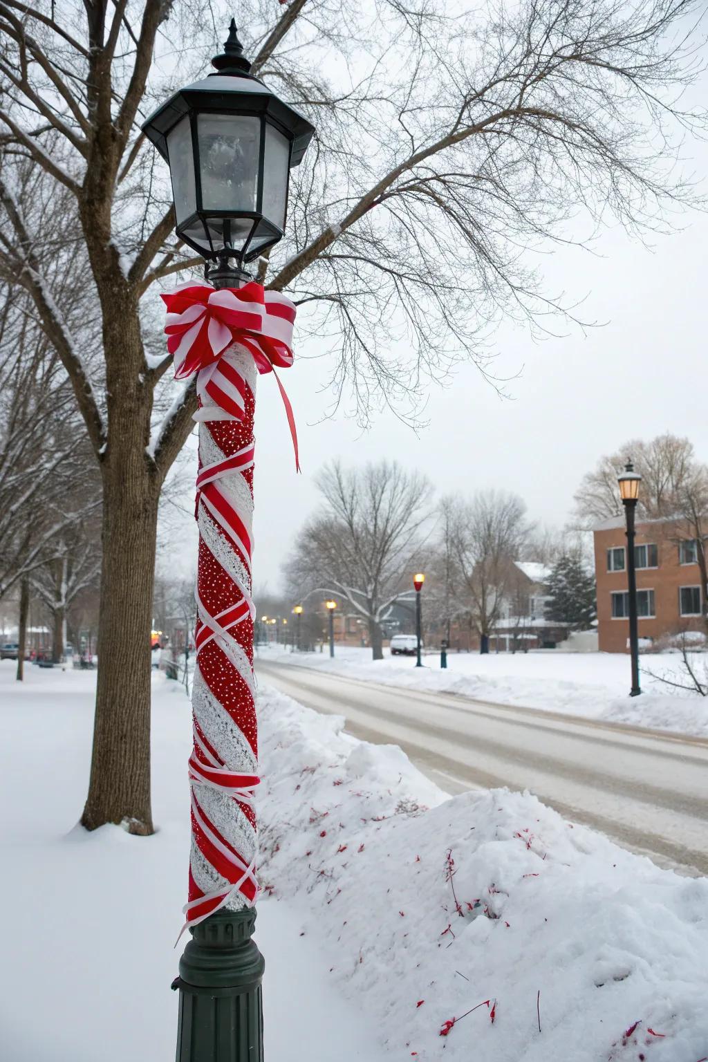 Candy cane stripes sweeten the look of a lamp post.